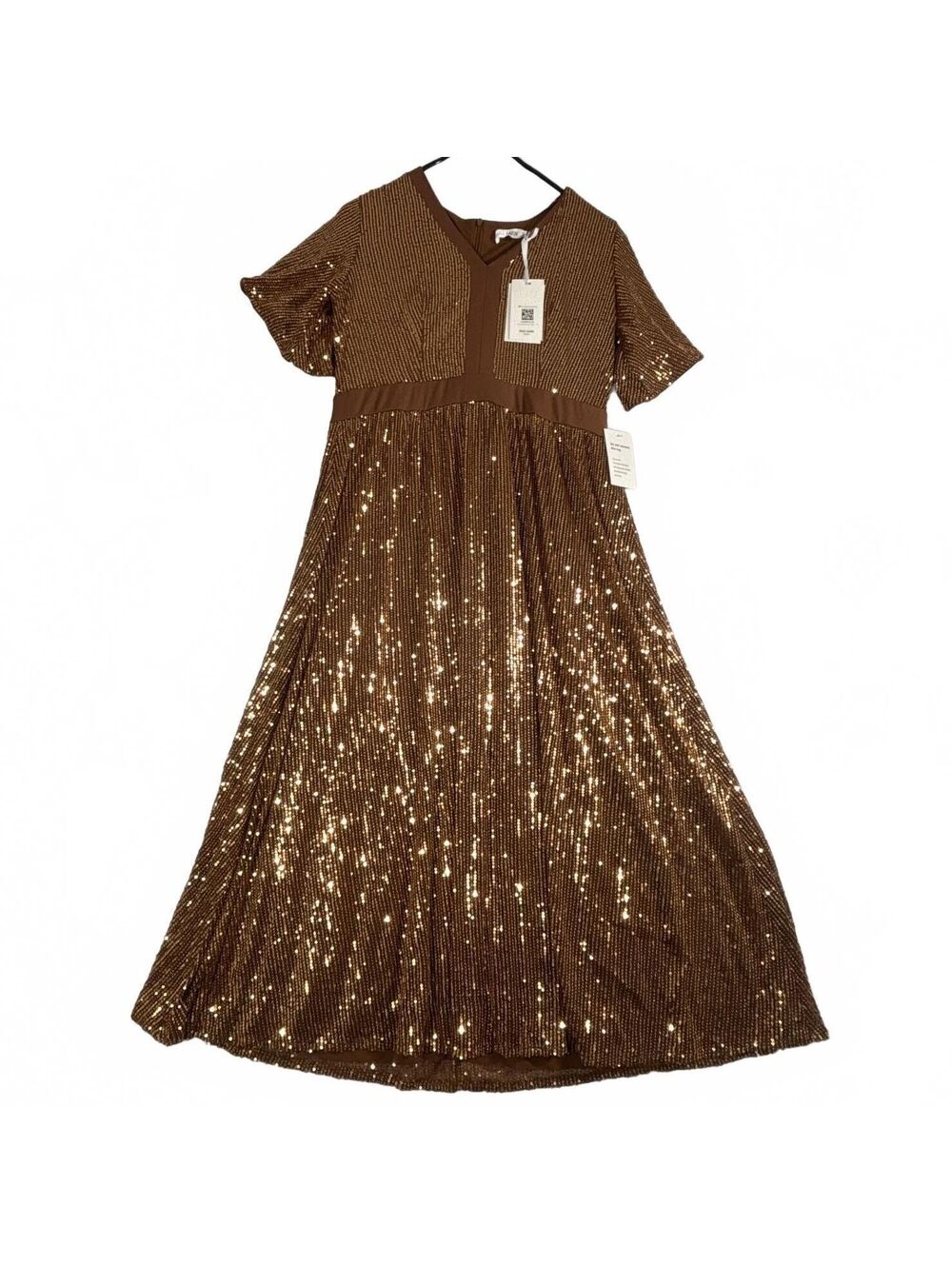 Grace Karin Women's Brown Sequin V-Neck Midi Empire Waist Formal Dress L NWT